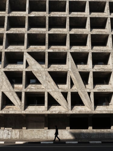 Extreme wide shot of a brutalist concrete building in Jakarta under harsh midday sun, sharp diagonal shadows, a single silhouette of a person walking near the base to establish scale.