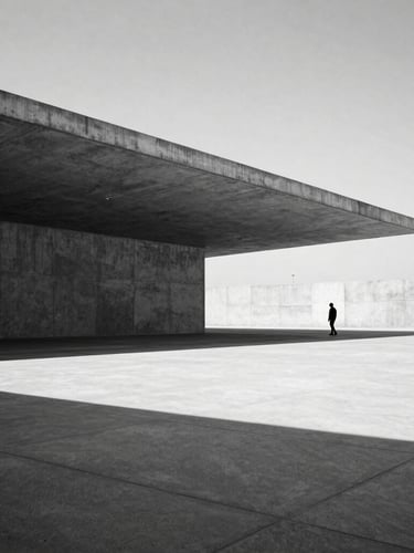 Extreme wide environmental shot of a monolithic concrete pavilion under harsh midday sun, razor-sharp geometric shadows slicing across raw concrete surfaces, a single solitary human figure standing near the far edge to establish scale, stark high-contrast black and white photography style, minimalist architectural composition.