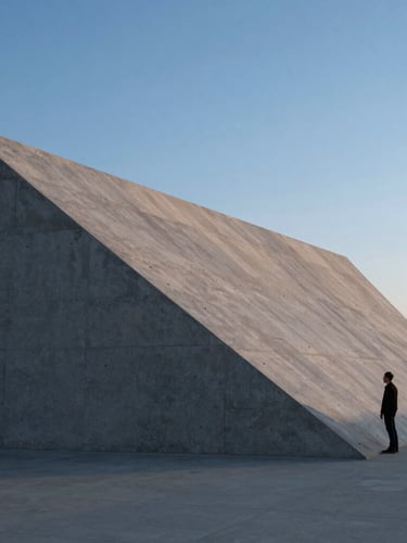 Extreme wide shot of a monolithic concrete pavilion, sharp triangular shadow cutting across the raw concrete surface, a single solitary human figure standing near the edge to establish scale, cold blue hour light.