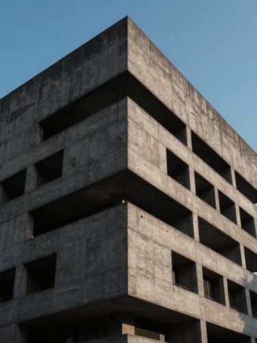 Extreme wide shot of a brutalist concrete building in Jakarta, harsh geometric shadows cutting across the facade, cold blue hour light, minimal and clean composition.