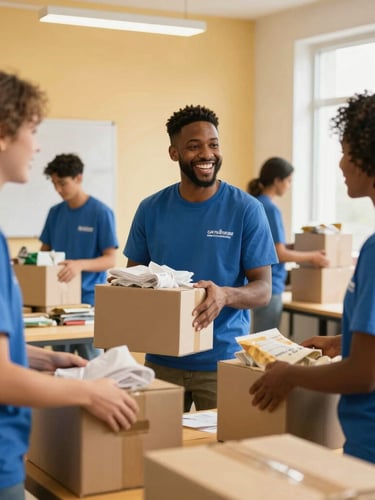 Volunteers packing boxes of food and laughing together in a bright community center, warm natural light, authentic