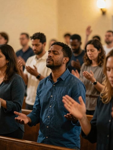 A warm editorial photograph of a diverse congregation in passionate worship under golden sanctuary light, authentic human connection, 35mm