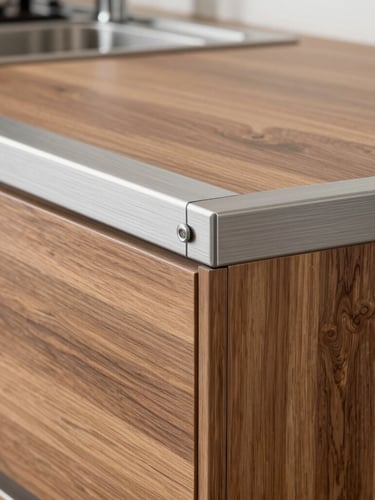 Straight-on architectural elevation of a sleek modular kitchen cabinet joint, brushed metallic silver hardware meeting warm walnut wood grain, sharp focus.
