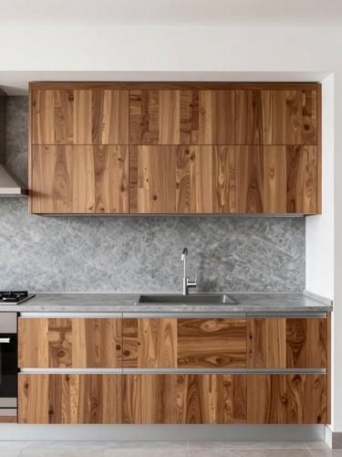 Straight-on eye-level elevation of a modern modular kitchen with warm walnut wood cabinets and slate grey aluminum profiles, bright natural daylight.