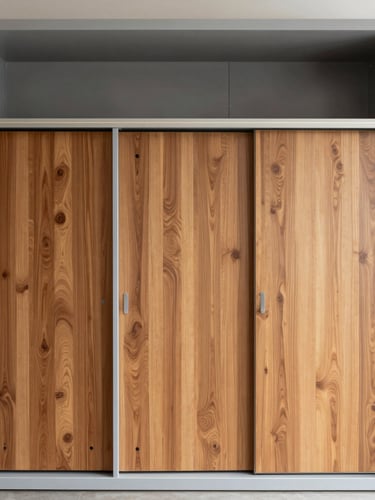 Straight-on architectural elevation of a modern modular wardrobe with warm walnut doors and clean slate grey metal frames, bright natural daylight