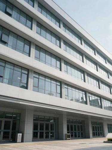 Wide environmental shot of a modern clinical research building facade, cool clean daylight, soft shadows, architectural perspective