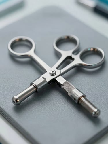 Macro close-up of a high-precision surgical instrument resting on a sterile slate-grey surface, soft library daylight, clean clinical framing