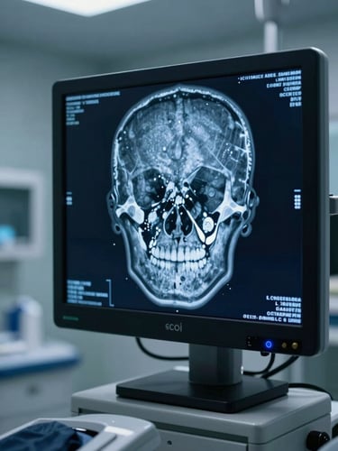 High-resolution cranial MRI scan displayed on a clinical screen in a dimly lit, clean radiology suite, cool blue tones.