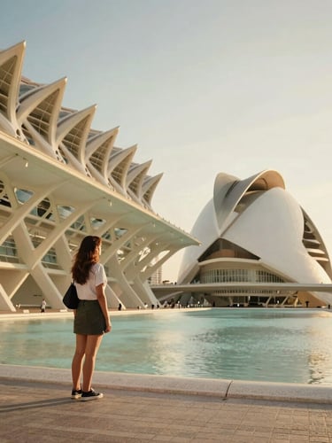 Sun-drenched wide angle of Valencia City of Arts and Sciences with a young woman looking at the modern architecture, warm golden hour light.