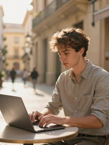 Candid, mid-shot of a young professional working on a laptop at a sunlit outdoor cafe table in Valencia, warm golden-hour light casting soft shadows, historic Spanish street scene softly blurred in the background, authentic travel feel.
