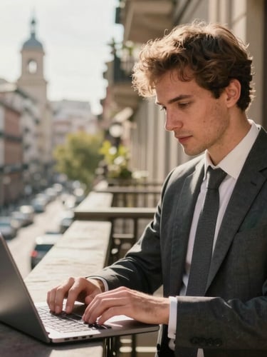A young professional working on a laptop on a sunlit balcony overlooking a historic Madrid street, warm morning light