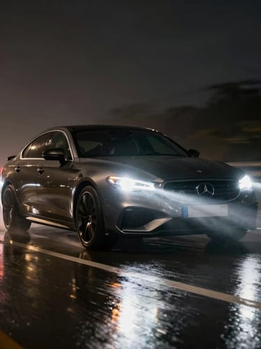 Dynamic low-angle shot of a premium sedan driving through wet asphalt at night, headlight beams cutting through the mist, high-contrast reflections, 35mm lens