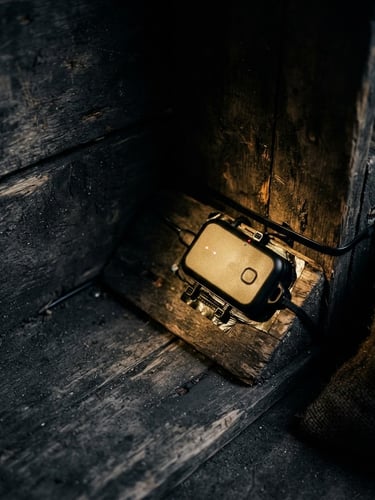Dramatic low-angle close-up of a compact tracking device tucked discreetly inside a wooden cargo crate, warm gold highlight on the device, dark industrial background, 35mm lens