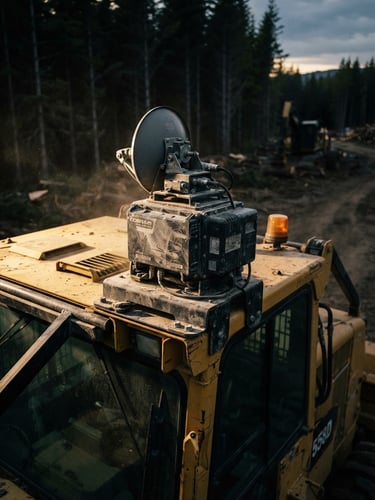 Close-up of a rugged satellite tracking terminal mounted on a heavy yellow forestry tractor cabin, dramatic side lighting, dust particles, high-contrast industrial photography