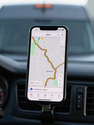 Close-up of a modern smartphone mounted on a delivery van dashboard, showing a real-time tracking map with gold route lines, bright daylight