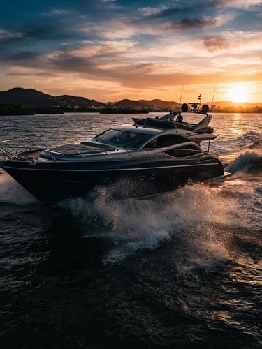 Dynamic low-angle shot of a high-speed luxury yacht cruising through Baía de Babitonga at golden hour, dark water spray, professional maritime photography, 35mm lens, high contrast