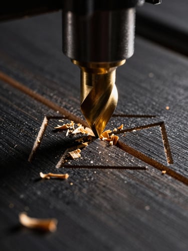 Extreme macro close-up of a CNC router bit cutting clean geometric patterns into premium dark MDF, sharp focus on the wood grain and golden wood shavings, dramatic low-key studio lighting.