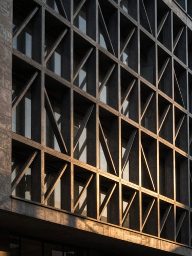 Dramatic architectural photography of an installed geometric metal lattice on a modern building facade, golden hour sunlight casting sharp linear shadows on concrete, 35mm lens