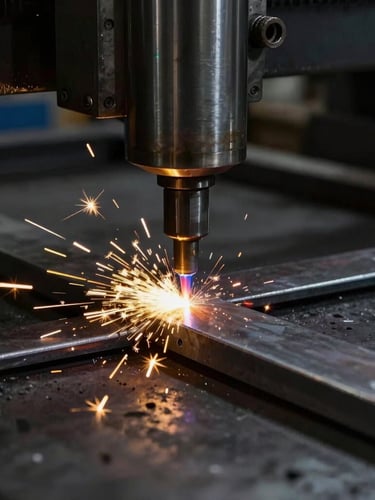 Dramatic industrial photography of a high-precision CNC plasma torch cutting steel, bright golden sparks, low-key dark workshop background, sharp macro focus on the clean cut edge