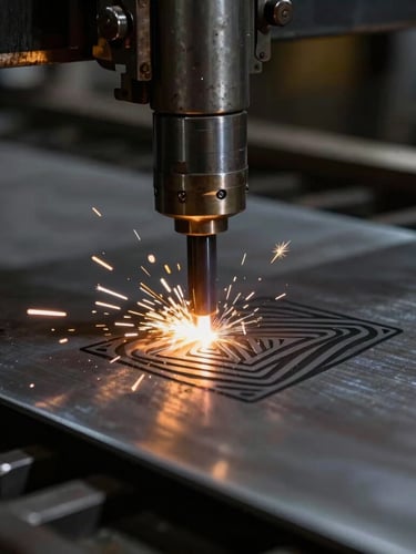 Macro close-up of a CNC plasma torch cutting a precise geometric pattern into a thick steel sheet, bright controlled sparks, dark industrial workshop atmosphere