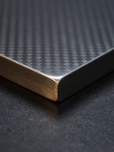 Macro close-up of a finished 1/2 inch carbon steel plate cut by CNC plasma, showing a perfectly smooth and clean edge with zero dross, dramatic side lighting highlighting the metallic texture, dark graphite background