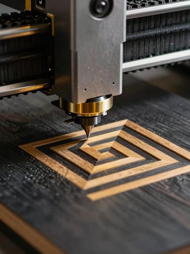 Extreme close-up of a high-precision CNC router cutting a geometric pattern into a dark wood panel, sharp focus on clean edges, golden lighting, 35mm