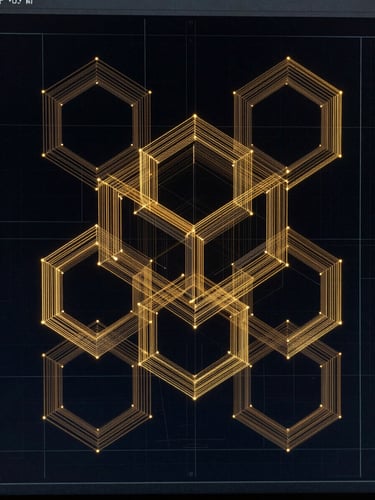 Top-down view of a complex nested vector layout on a computer screen, showing geometric lattice parts tightly packed to minimize waste, glowing golden vector lines on a dark blueprint background.