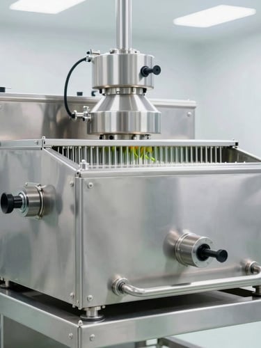 State-of-the-art stainless steel dehydration machinery in a bright, clean, clinical industrial food processing facility, high-key lighting, sterile environment, sharp focus.