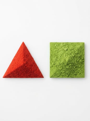 Macro product shot of vibrant red tomato powder and bright green spinach powder in clean geometric piles on a sterile white surface, bright studio lighting, high-key photography.