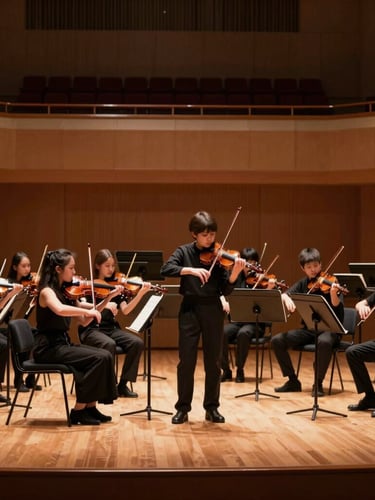 A wide-angle shot of a youth orchestra performing on a grand wooden stage under soft concert hall lights, warm atmosphere, shallow depth of field, 35mm