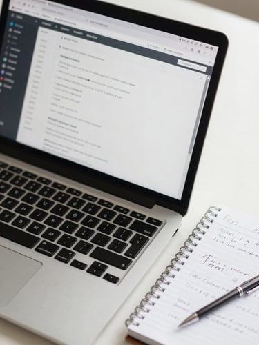 Close-up overhead shot of a laptop open to a content dashboard, a notebook with handwritten notes beside it, clean neutral desk surface under diffused daylight