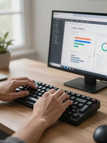 Hands resting on a mechanical keyboard, a browser window showing a creator analytics interface visible on screen behind them, studio daylight from the left, minimal desk environment
