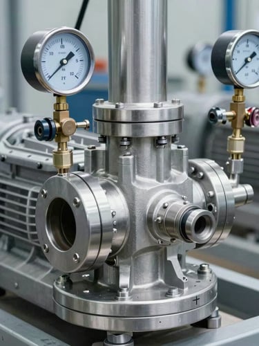 Close-up of a heavy-duty positive displacement pump head with stainless steel instrumentation and pressure gauges, crisp industrial lighting