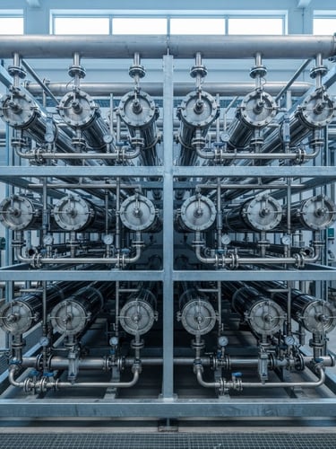 Straight-on technical shot of an industrial reverse osmosis membrane rack with stainless steel pressure vessels, cool daylight, sharp focus, 35mm