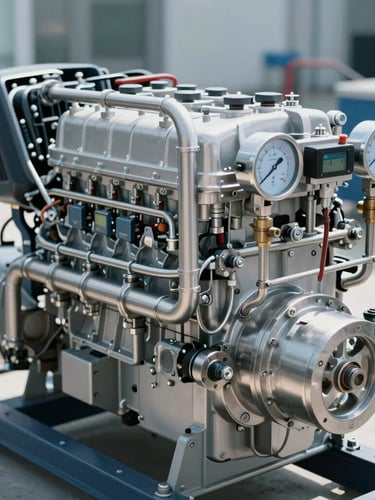 Close-up of a heavy-duty engine-pump package skid, stainless steel piping, digital pressure gauges, crisp industrial daylight, technical focus