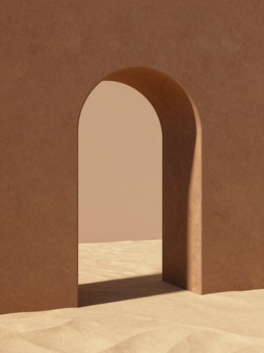 Abstract 3D render of a minimalist stone arch casting a sharp geometric shadow on a warm sand background, architectural depth, 8k