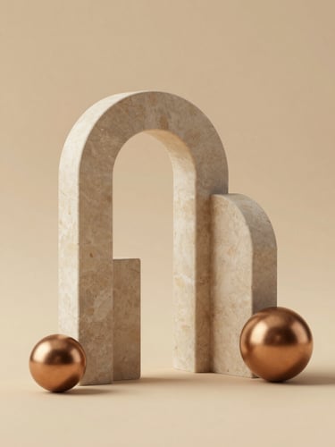 Abstract 3D render of minimalist geometric stone arches and bronze spheres, warm sand background, soft studio lighting, architectural depth, 8k