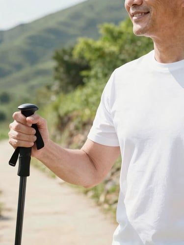 Active adult man over 60, smiling, hiking on a sun-dappled mountain trail, natural daylight, high-key, soft shadows, close-up of his hands holding trekking poles, lush green foliage in background.