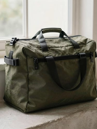 A close-up of a premium, unbranded dark canvas courier bag resting on a clean concrete step, soft natural window light, shallow depth of field, 35mm