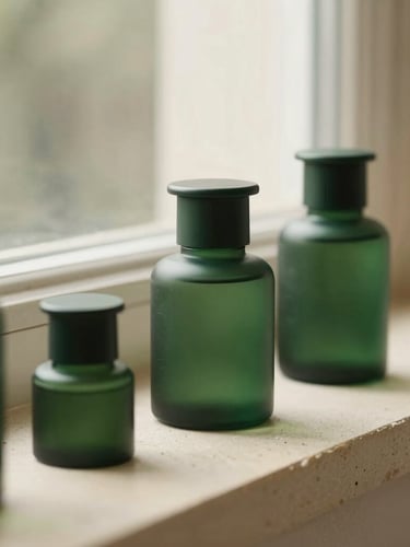 A close-up of elegant minimalist emerald green apothecary jars on a warm cream stone ledge, soft morning window light, shallow depth of field