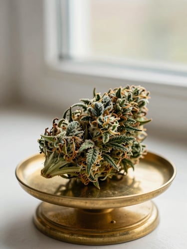 Macro photograph of a frosted, dense green cannabis bud resting on a brass apothecary scale, soft window light, shallow depth of field, 35mm style.