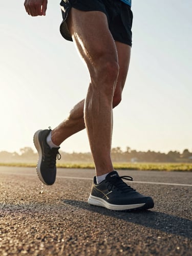 Dynamic low-angle action shot of an amateur runner on asphalt during sunrise, high-contrast morning sunlight, sweat on skin, shallow depth of field, 35mm