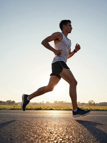Dynamic low-angle shot of an amateur runner sprinting on asphalt during sunrise, sharp morning light, sweat on skin, shallow depth of field, 35mm