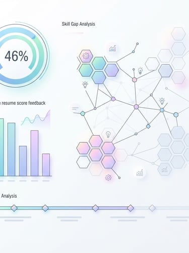 Minimalist vector illustration of a high-fidelity UI dashboard showing ATS match percentage, real-time resume score feedback, and skill gap analysis, soft pastel backlighting, clean white background