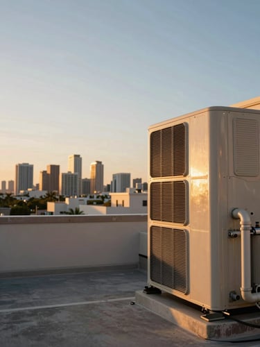 Wide golden-hour rooftop scene, a commercial HVAC condenser unit to the right third of frame, South Florida skyline soft in the distance, warm amber light raking across the unit fins and refrigerant lines, generous open sky above