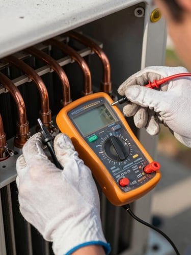 Extreme close-up of a technician's gloved hands using a multimeter on an AC condenser electrical connection, midday South Florida sun casting hard shadows across the unit casing, copper refrigerant lines visible in sharp focus