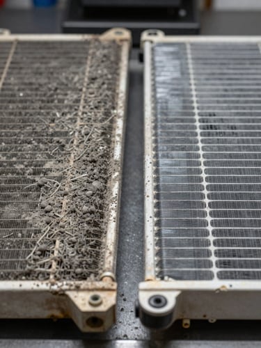 Side-by-side close-up of two AC evaporator coil fin sections on a workbench under studio lighting — left coil heavily fouled with grey dust and debris, right coil gleaming clean after chemical wash, sharp focus on the fin detail