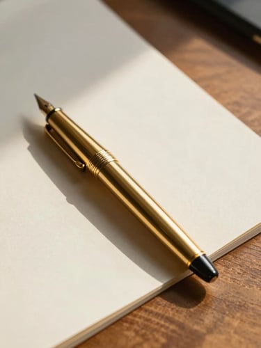 Close-up of a high-quality gold fountain pen resting on thick, textured ivory paper, soft natural morning light casting elegant long shadows across a clean wooden desk.
