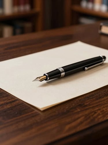 Close-up of a high-end dark wood desk with a fountain pen resting on textured ivory paper, warm morning light filtering through library shelves in the background.