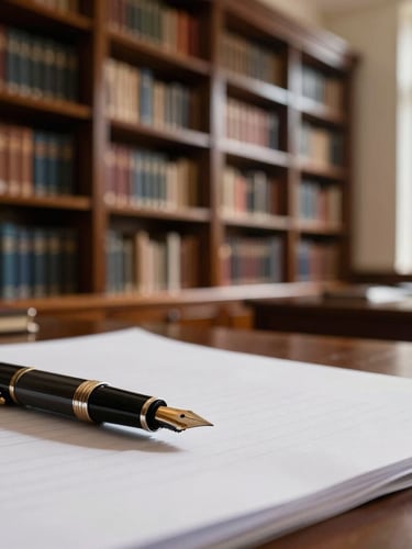 Warm natural light filtering through tall library shelves in a sophisticated, quiet private law office, close-up of a fountain pen on high-quality paper.
